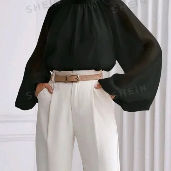 SHEIN Prive` Women's Stand Collar Raglan Lantern Sleeve Shirt - Picture 4 of 7